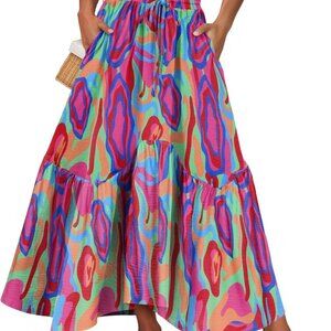 Ankle-Length Tiered Long Skirt for Women - Summer Floral A-Line with Pockets